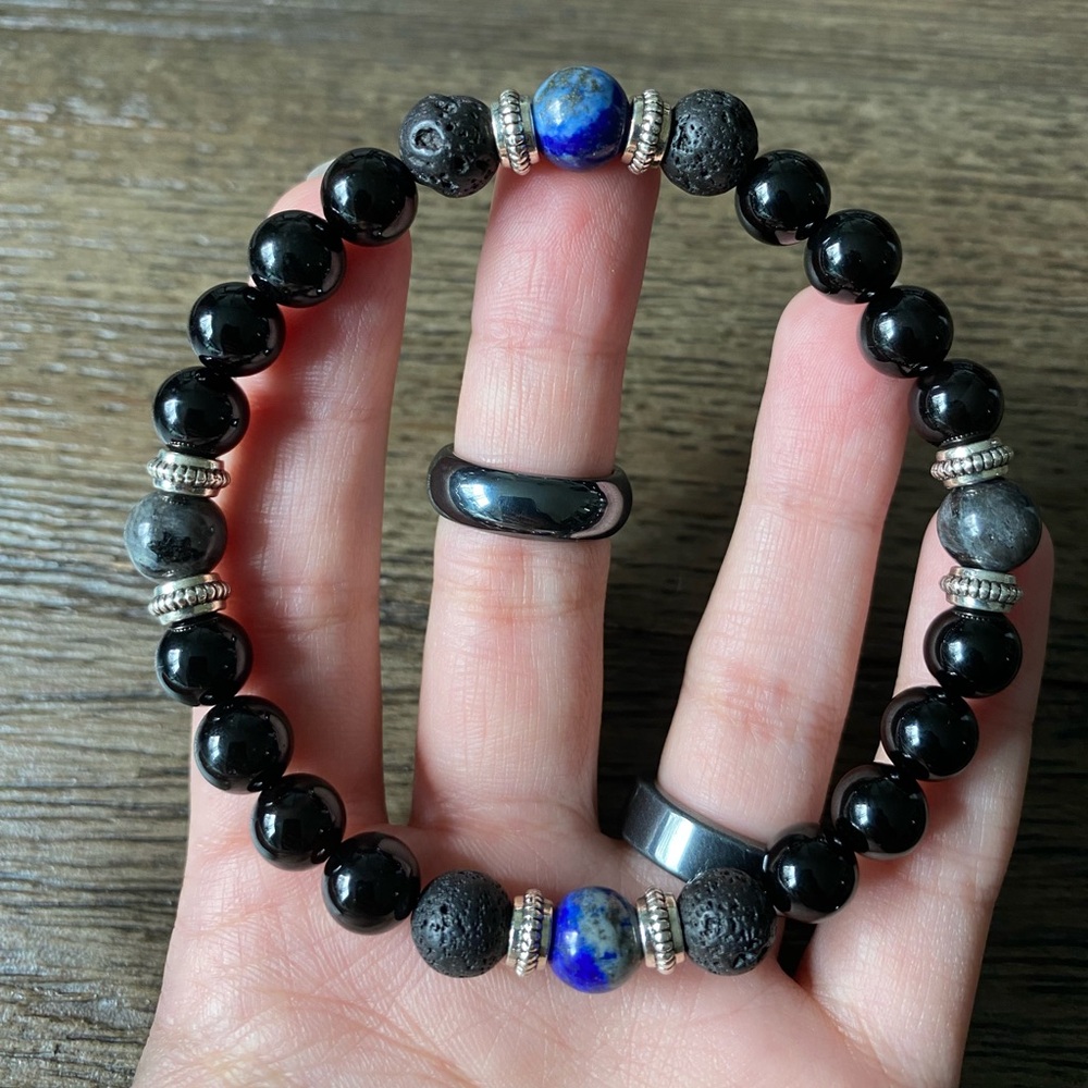 Handmade Labradorite, Lapis Lazuli, & Onyx Crystals & Lava Stone Beaded Bracelet